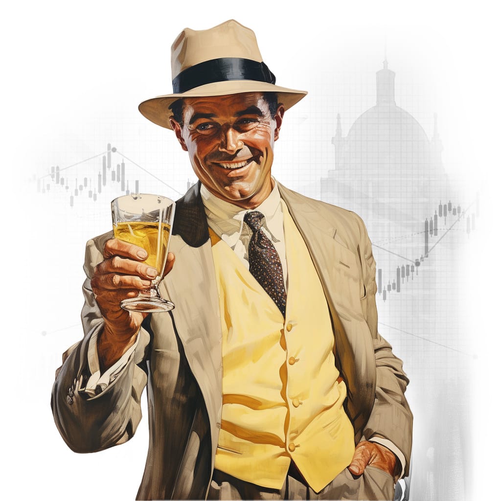 Man holding a rum cider mixed drink in a suit with stock market graphics behind him